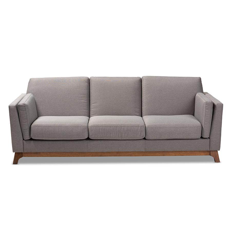 Sava Mid-Century Modern Grey Fabric Upholstered Walnut Wood 3-Seater Sofa. Picture 2
