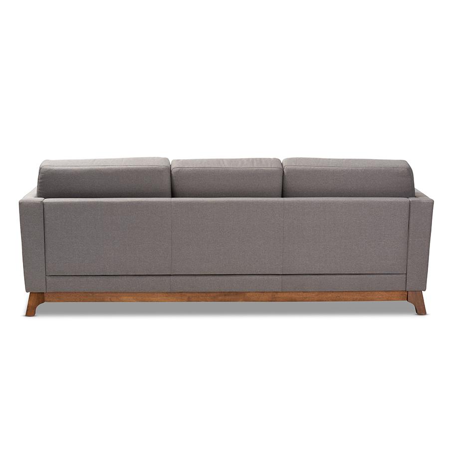 Sava Mid-Century Modern Grey Fabric Upholstered Walnut Wood 3-Seater Sofa. Picture 4
