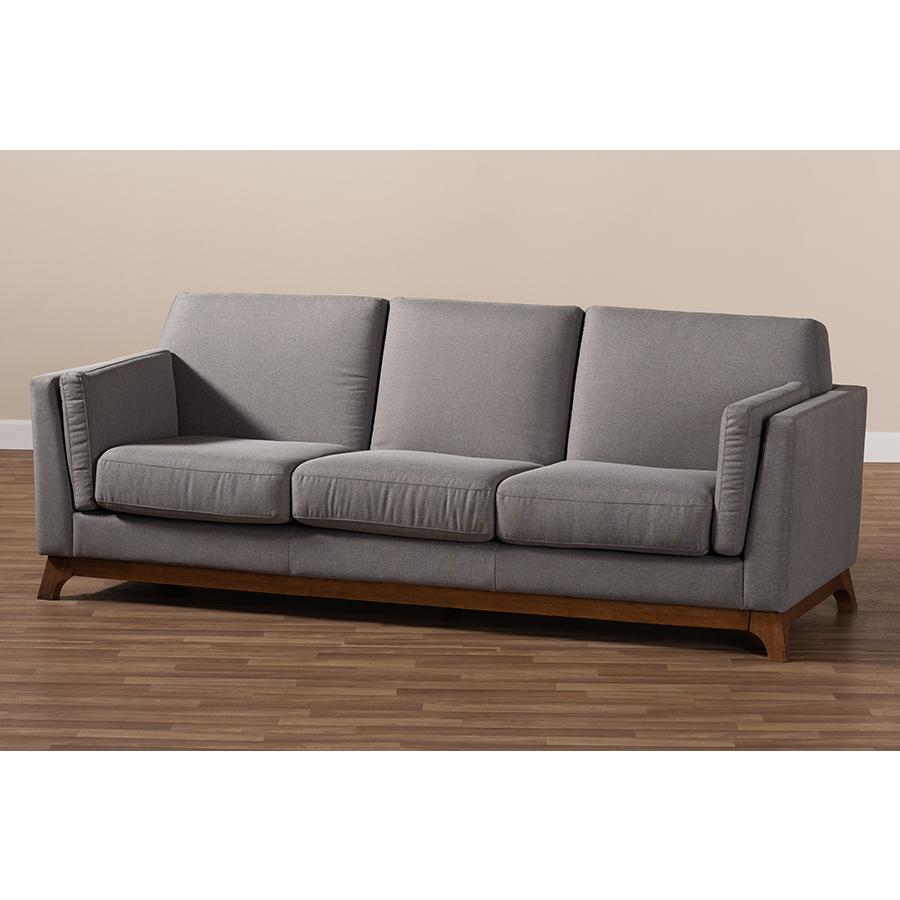 Sava Mid-Century Modern Grey Fabric Upholstered Walnut Wood 3-Seater Sofa. Picture 8