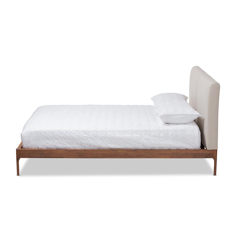 Aveneil Mid-Century Modern Beige Fabric Upholstered Walnut Finished Full Size Platform Bed. Picture 2