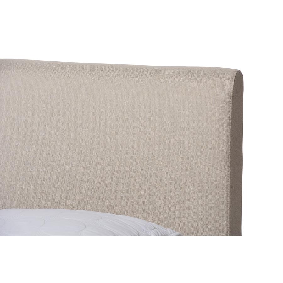 Aveneil Mid-Century Modern Beige Fabric Upholstered Walnut Finished Full Size Platform Bed. Picture 4