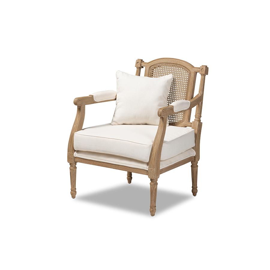 Clemence French Provincial Ivory Fabric Upholstered Whitewashed Wood Armchair. Picture 1