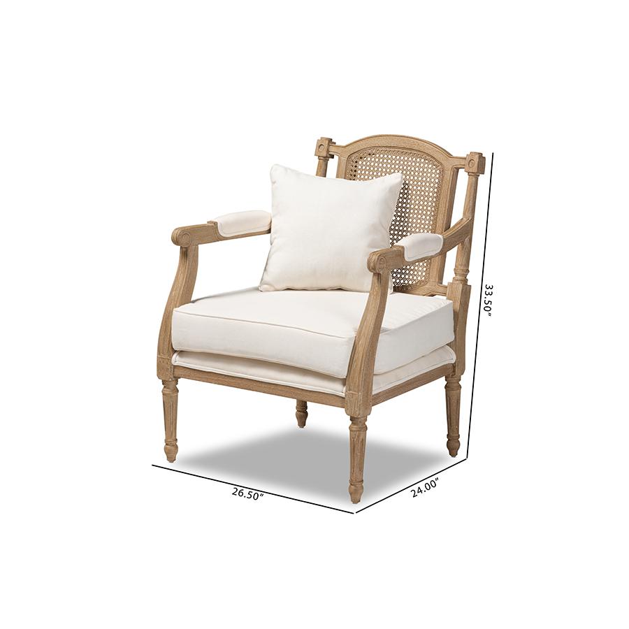 Clemence French Provincial Ivory Fabric Upholstered Whitewashed Wood Armchair. Picture 10