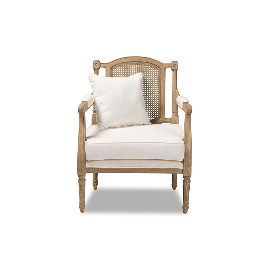 Clemence French Provincial Ivory Fabric Upholstered Whitewashed Wood Armchair. Picture 2