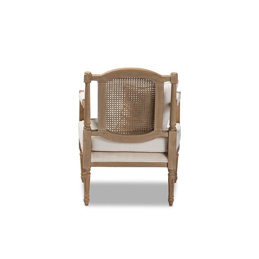 Clemence French Provincial Ivory Fabric Upholstered Whitewashed Wood Armchair. Picture 4