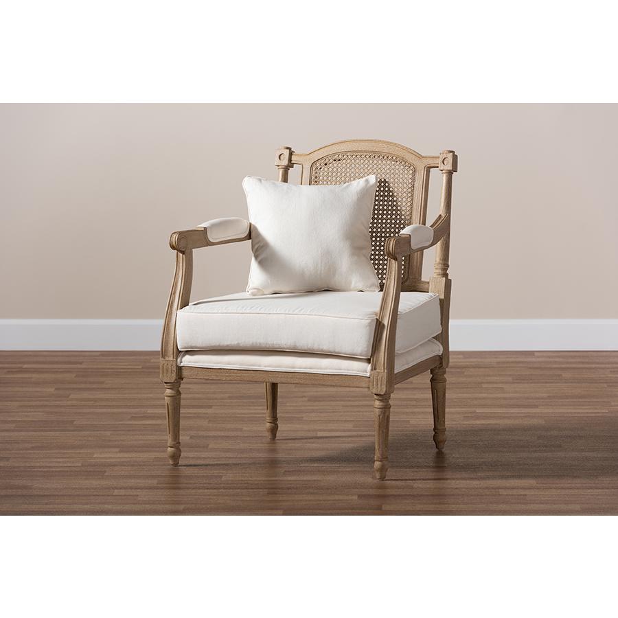 Clemence French Provincial Ivory Fabric Upholstered Whitewashed Wood Armchair. Picture 9