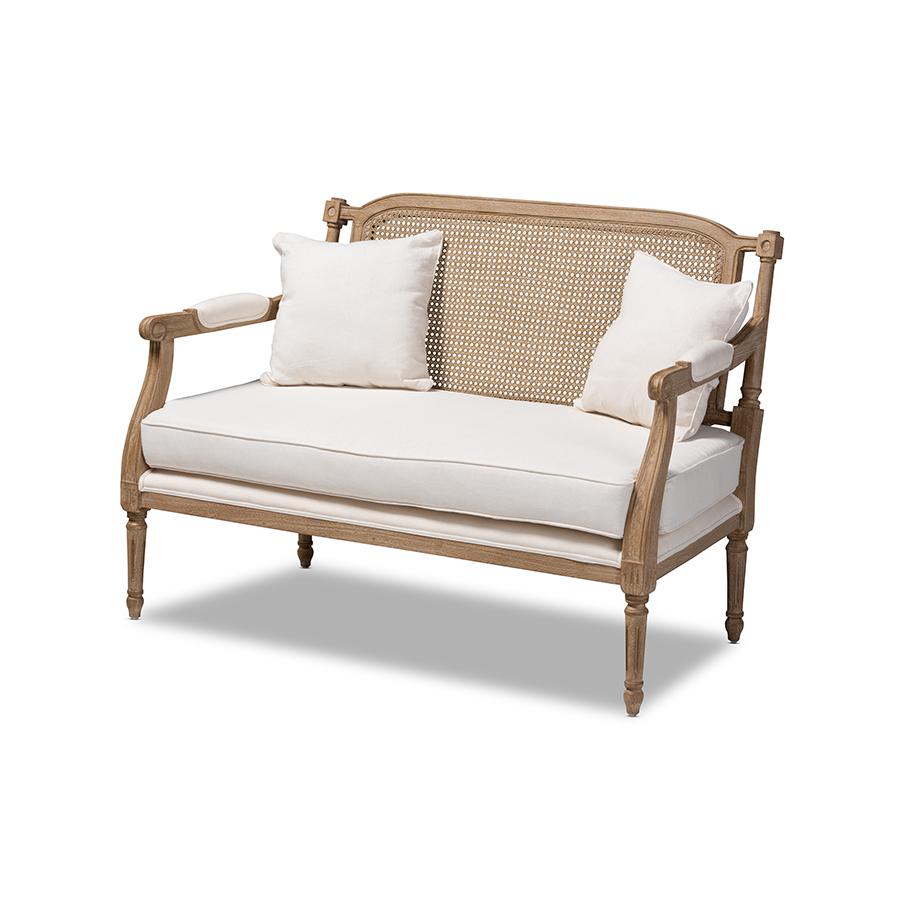 Baxton Studio Clemence French Provincial Ivory Fabric Upholstered Whitewashed Wood Loveseat. The main picture.
