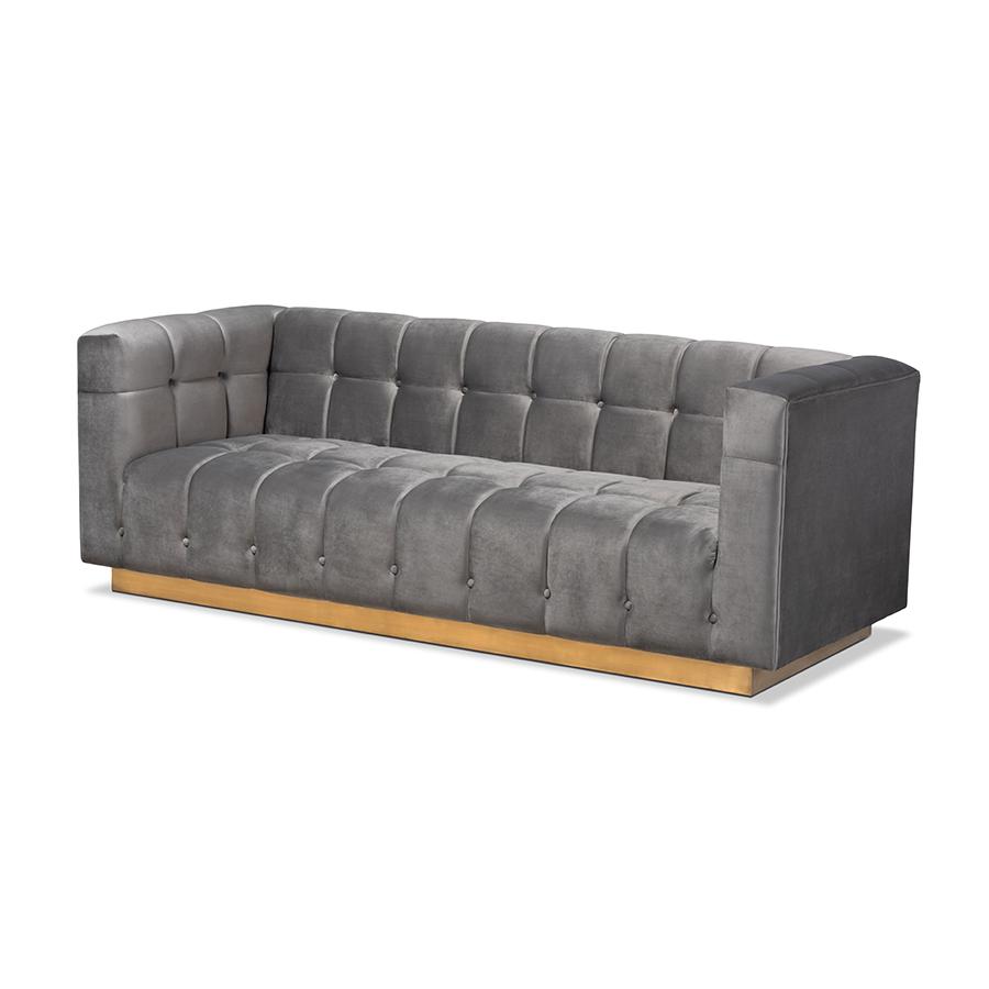 Loreto Glam and Luxe Grey Velvet Fabric Upholstered Brushed Gold Finished Sofa. Picture 1