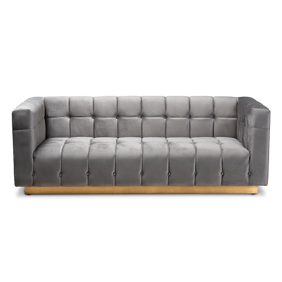 Loreto Glam and Luxe Grey Velvet Fabric Upholstered Brushed Gold Finished Sofa. Picture 2
