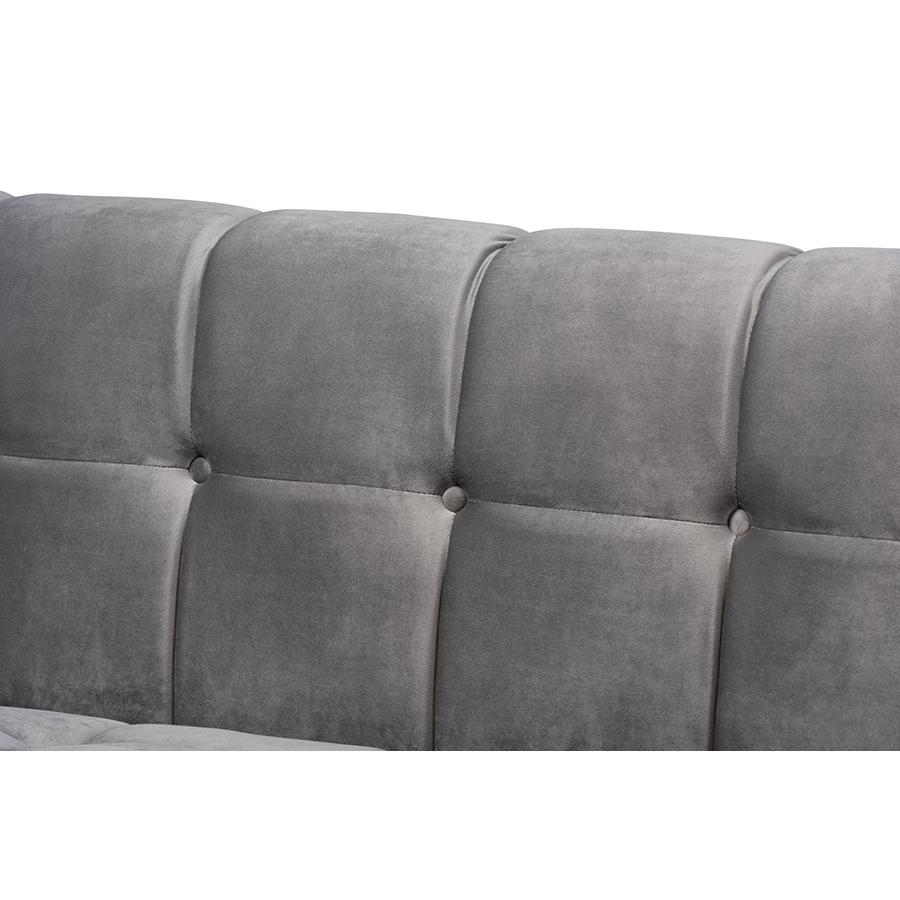 Loreto Glam and Luxe Grey Velvet Fabric Upholstered Brushed Gold Finished Sofa. Picture 5
