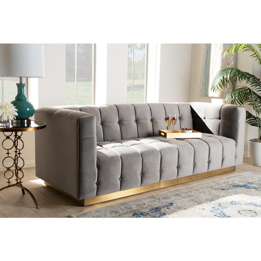 Baxton Studio Loreto Glam and Luxe Grey Velvet Fabric Upholstered Brushed Gold Finished Sofa. Picture 8