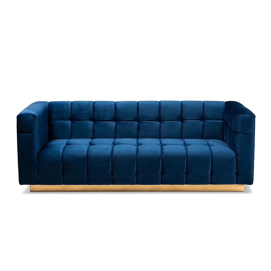 Baxton Studio Loreto Glam and Luxe Navy Blue Velvet Fabric Upholstered Brushed Gold Finished Sofa. Picture 3