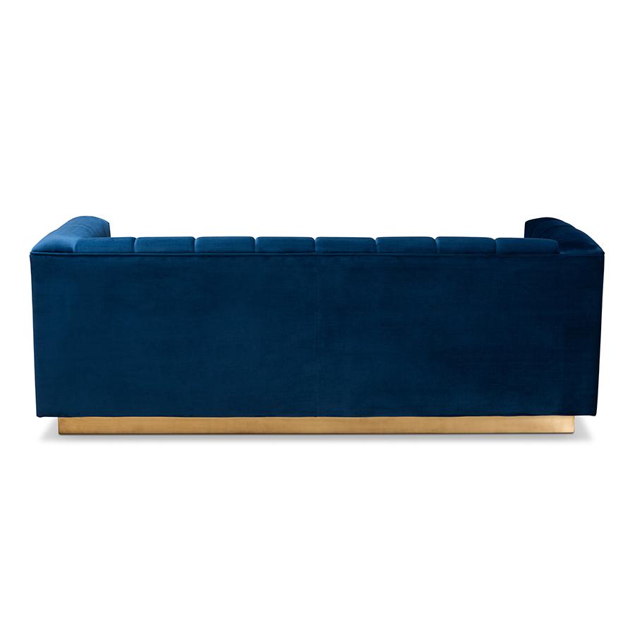 Baxton Studio Loreto Glam and Luxe Navy Blue Velvet Fabric Upholstered Brushed Gold Finished Sofa. Picture 5