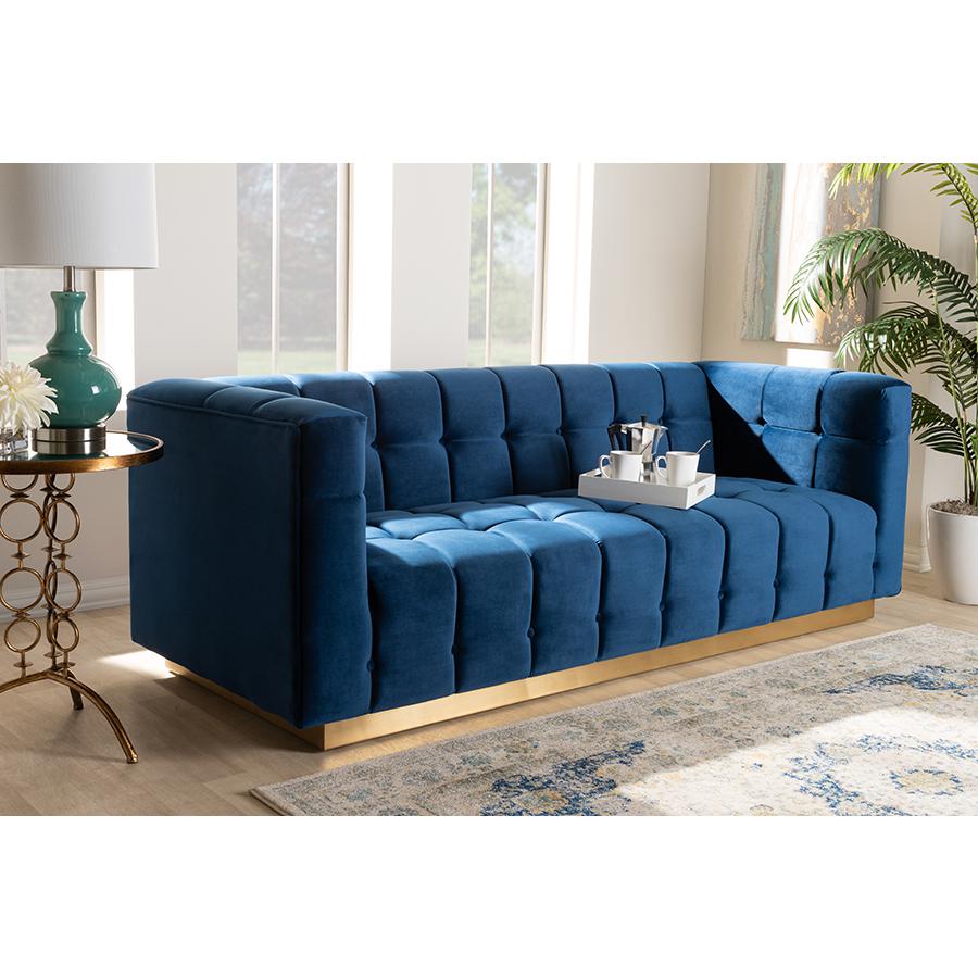 Baxton Studio Loreto Glam and Luxe Navy Blue Velvet Fabric Upholstered Brushed Gold Finished Sofa. Picture 8