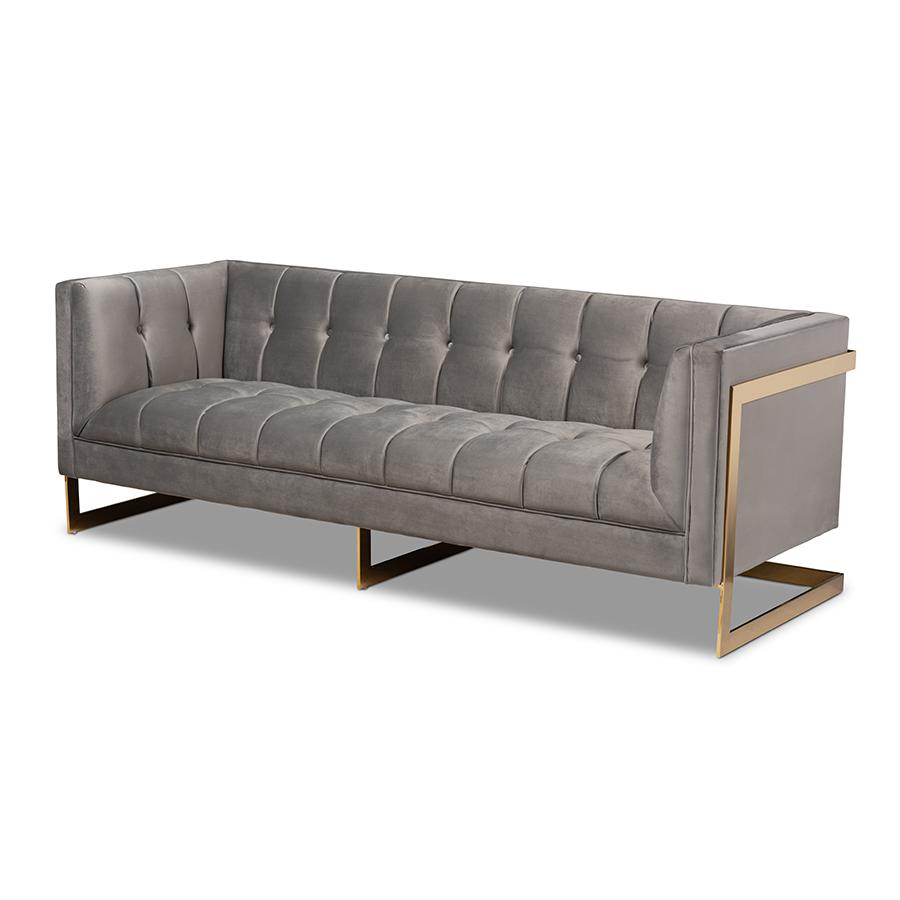 Baxton Studio Ambra Glam and Luxe Grey Velvet Fabric Upholstered and Button Tufted Sofa with Gold-Tone Frame. The main picture.