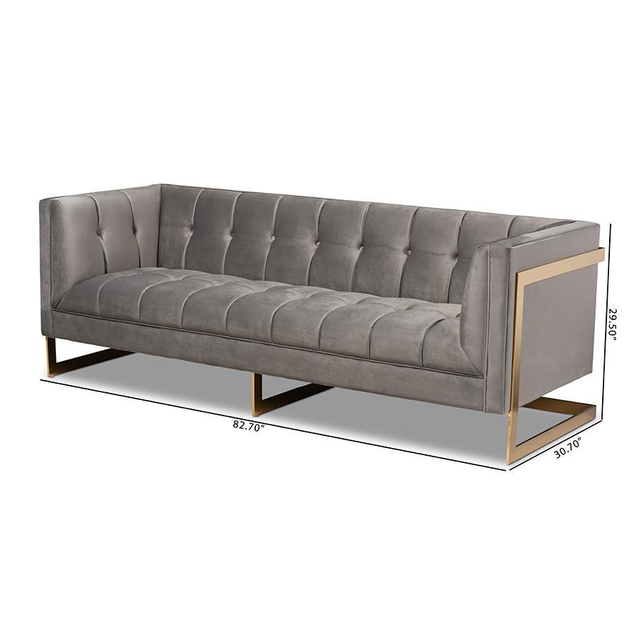 Baxton Studio Ambra Glam and Luxe Grey Velvet Fabric Upholstered and Button Tufted Sofa with Gold-Tone Frame. Picture 10