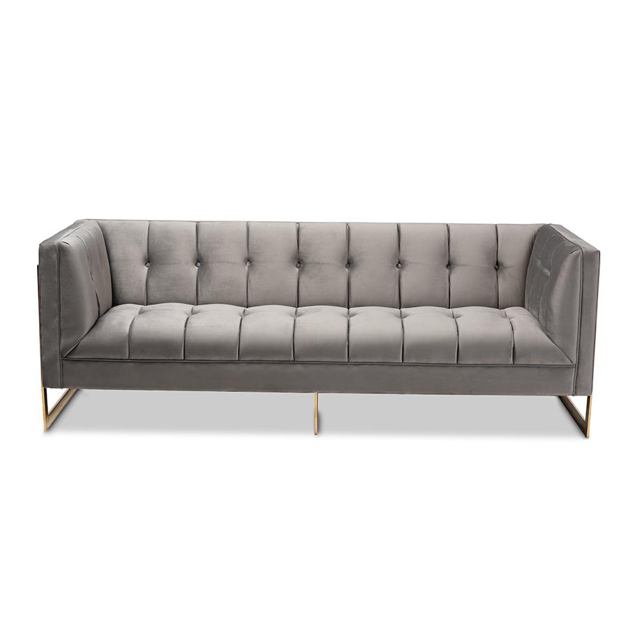 Baxton Studio Ambra Glam and Luxe Grey Velvet Fabric Upholstered and Button Tufted Sofa with Gold-Tone Frame. Picture 2