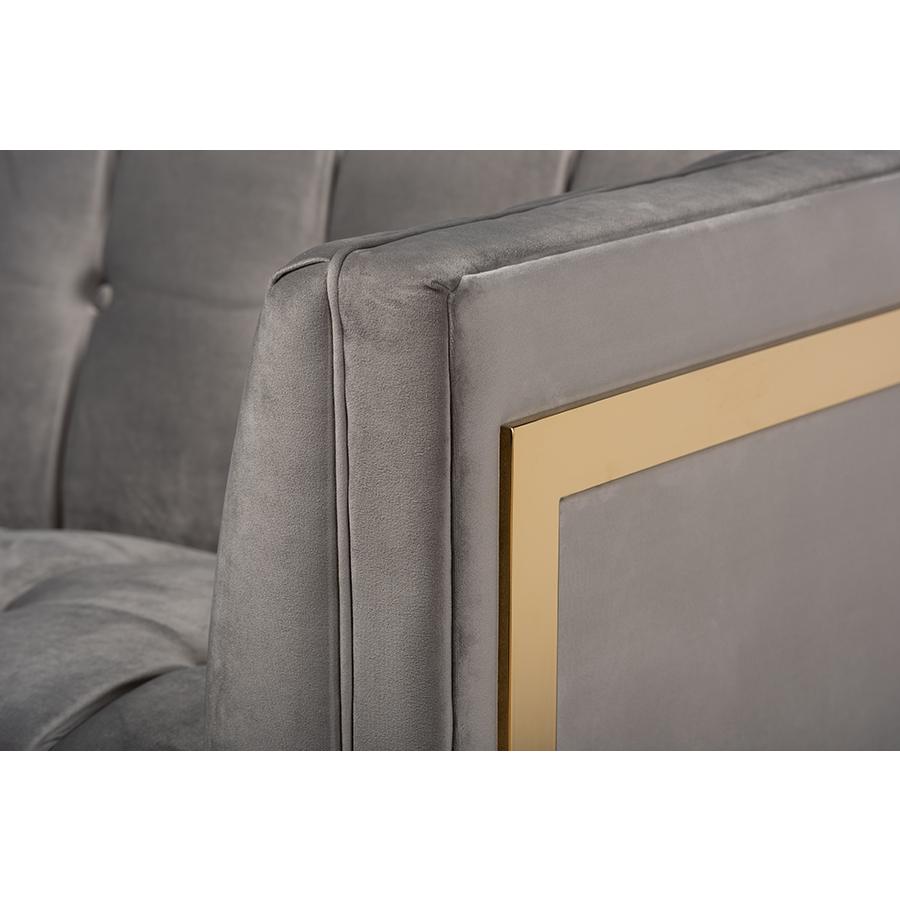 Baxton Studio Ambra Glam and Luxe Grey Velvet Fabric Upholstered and Button Tufted Sofa with Gold-Tone Frame. Picture 6