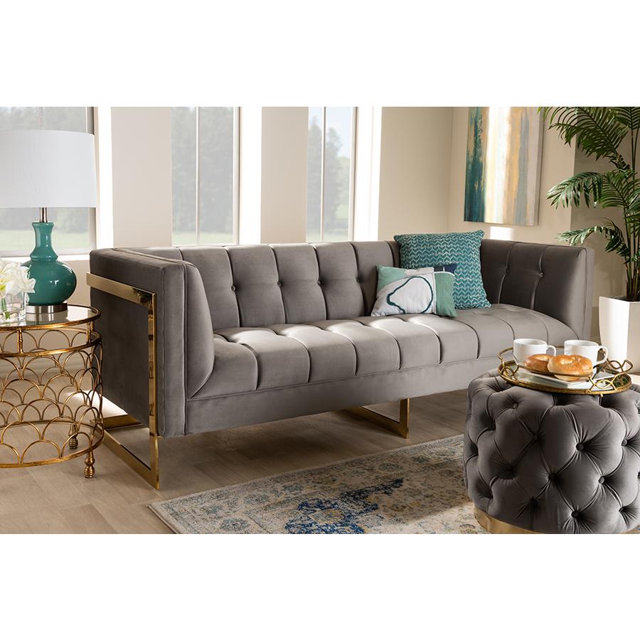Baxton Studio Ambra Glam and Luxe Grey Velvet Fabric Upholstered and Button Tufted Sofa with Gold-Tone Frame. Picture 8