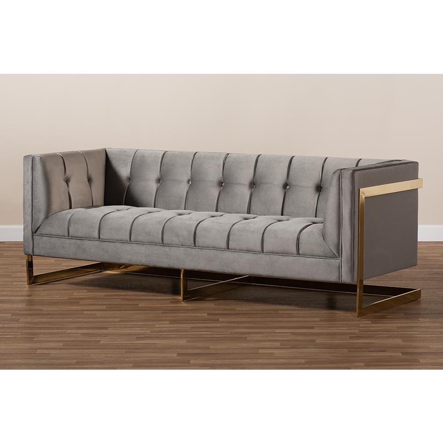 Baxton Studio Ambra Glam and Luxe Grey Velvet Fabric Upholstered and Button Tufted Sofa with Gold-Tone Frame. Picture 9