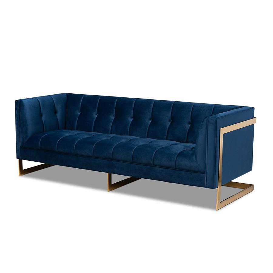 Baxton Studio Ambra Glam and Luxe Royal Blue Velvet Fabric Upholstered and Button Tufted Gold Sofa with Gold-Tone Frame. Picture 1