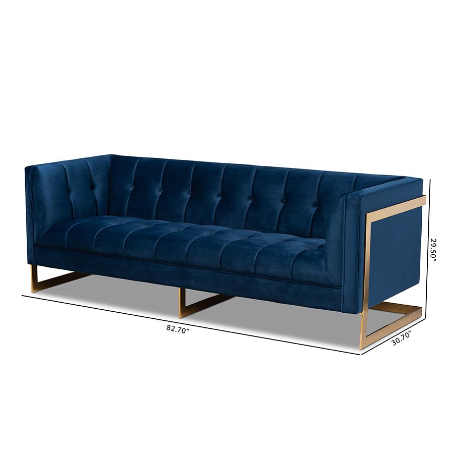 Baxton Studio Ambra Glam and Luxe Royal Blue Velvet Fabric Upholstered and Button Tufted Gold Sofa with Gold-Tone Frame. Picture 10