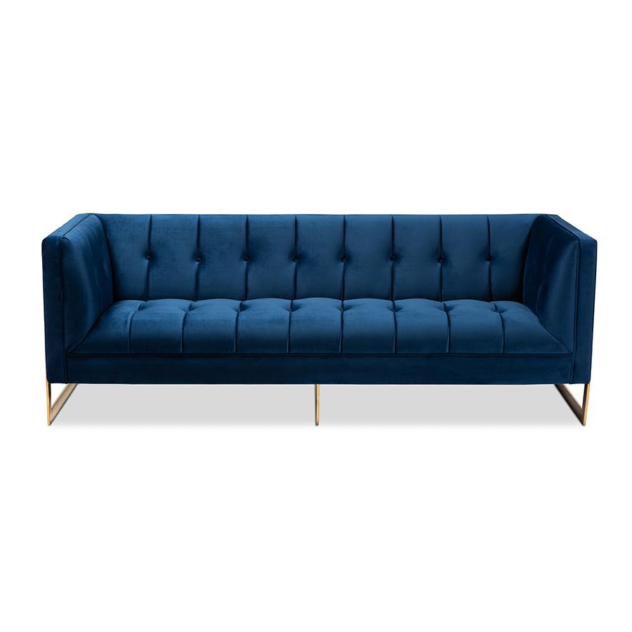 Baxton Studio Ambra Glam and Luxe Royal Blue Velvet Fabric Upholstered and Button Tufted Gold Sofa with Gold-Tone Frame. Picture 2