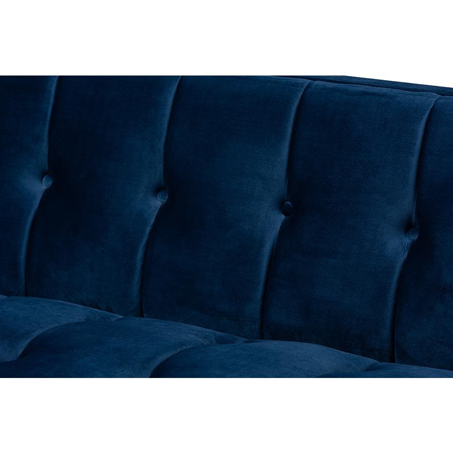 Baxton Studio Ambra Glam and Luxe Royal Blue Velvet Fabric Upholstered and Button Tufted Gold Sofa with Gold-Tone Frame. Picture 5
