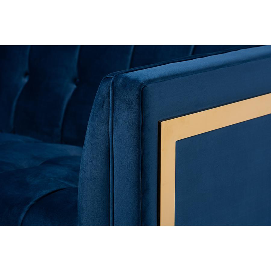 Baxton Studio Ambra Glam and Luxe Royal Blue Velvet Fabric Upholstered and Button Tufted Gold Sofa with Gold-Tone Frame. Picture 6