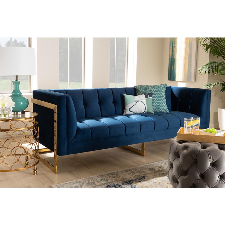 Baxton Studio Ambra Glam and Luxe Royal Blue Velvet Fabric Upholstered and Button Tufted Gold Sofa with Gold-Tone Frame. Picture 8