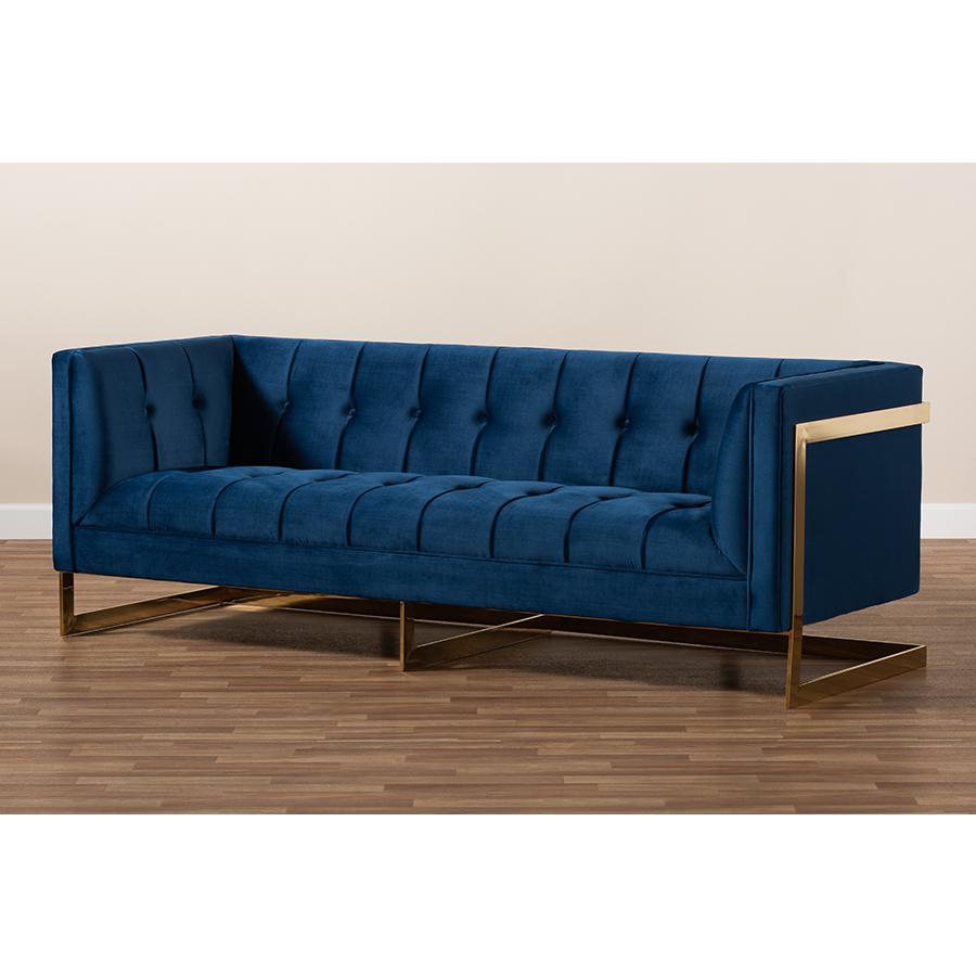 Baxton Studio Ambra Glam and Luxe Royal Blue Velvet Fabric Upholstered and Button Tufted Gold Sofa with Gold-Tone Frame. Picture 9