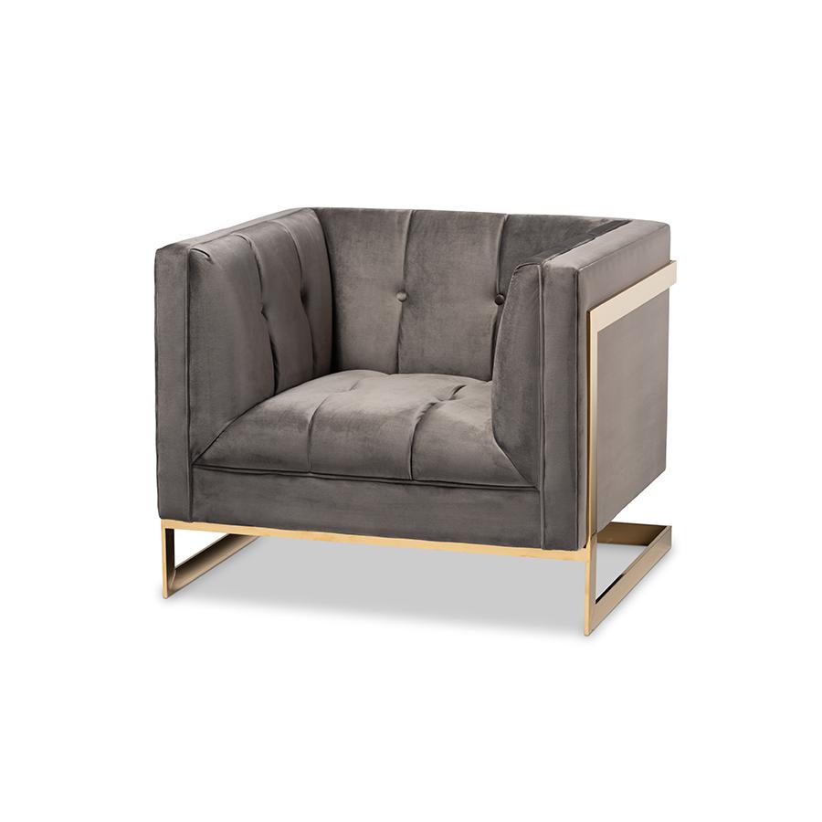 Baxton Studio Ambra Glam and Luxe Grey Velvet Fabric Upholstered and Button Tufted Armchair with Gold-Tone Frame. Picture 1