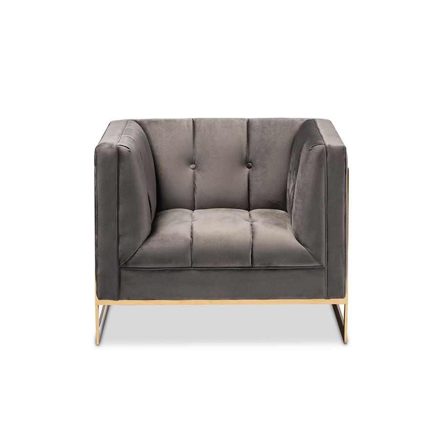 Baxton Studio Ambra Glam and Luxe Grey Velvet Fabric Upholstered and Button Tufted Armchair with Gold-Tone Frame. Picture 2