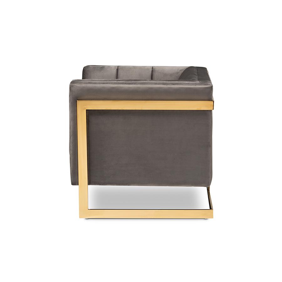 Baxton Studio Ambra Glam and Luxe Grey Velvet Fabric Upholstered and Button Tufted Armchair with Gold-Tone Frame. Picture 3