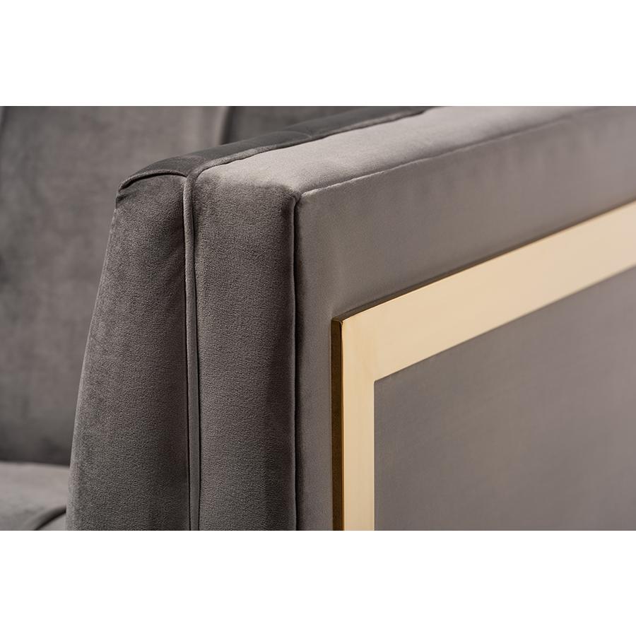 Baxton Studio Ambra Glam and Luxe Grey Velvet Fabric Upholstered and Button Tufted Armchair with Gold-Tone Frame. Picture 6