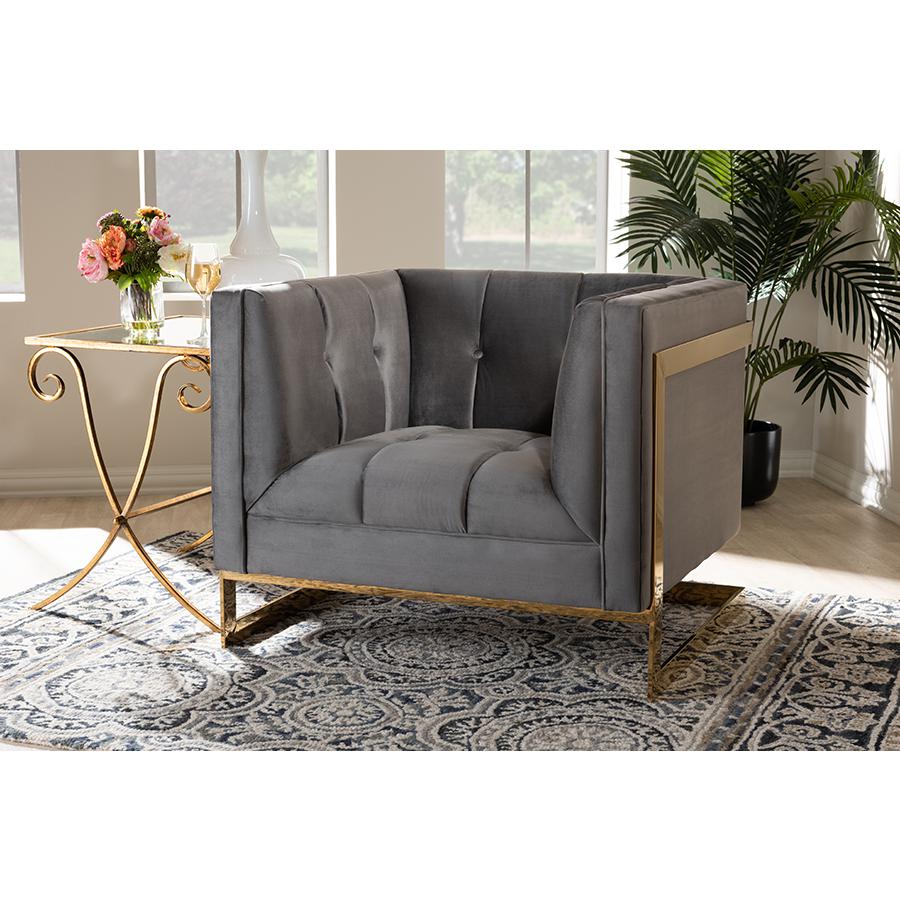 Baxton Studio Ambra Glam and Luxe Grey Velvet Fabric Upholstered and Button Tufted Armchair with Gold-Tone Frame. Picture 8