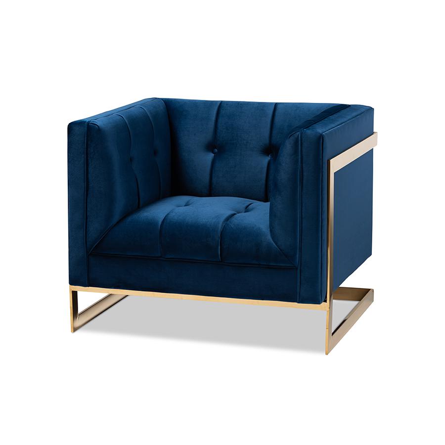 Baxton Studio Ambra Glam and Luxe Royal Blue Velvet Fabric Upholstered and Button Tufted Armchair with Gold-Tone Frame. Picture 1