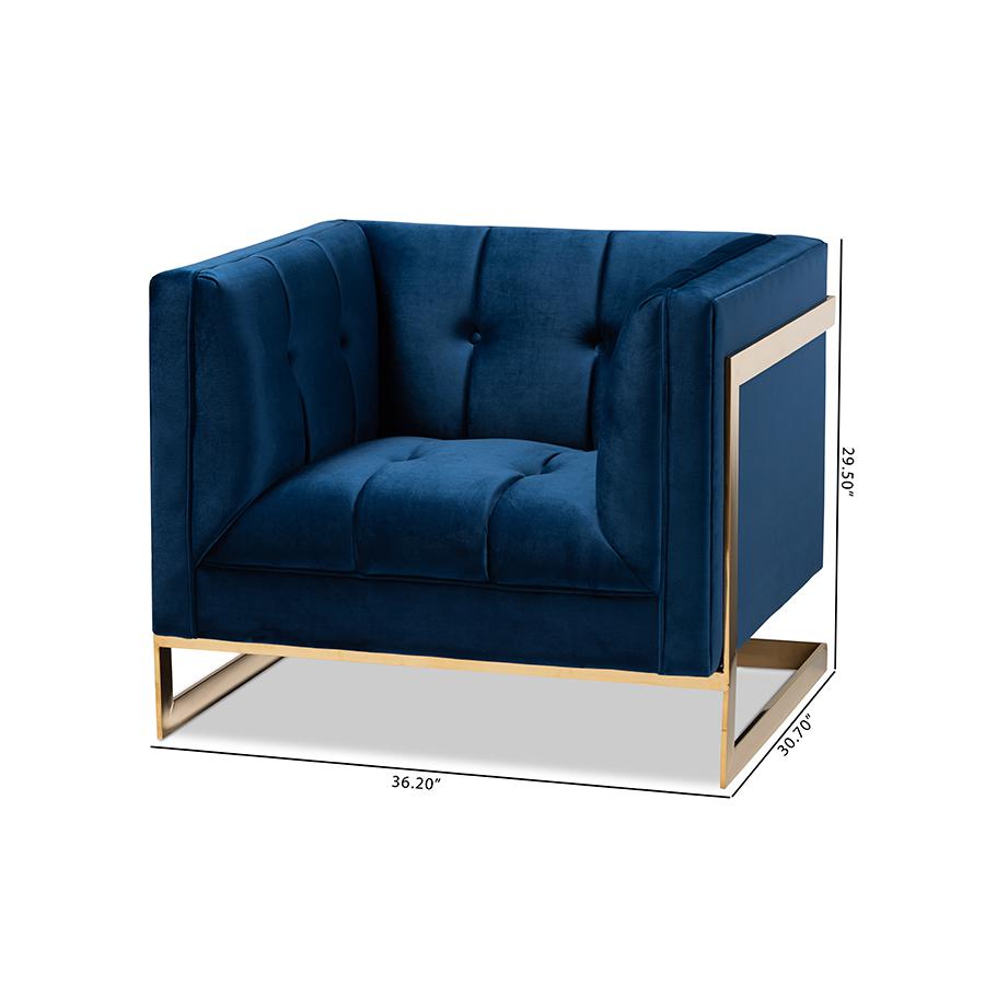 Baxton Studio Ambra Glam and Luxe Royal Blue Velvet Fabric Upholstered and Button Tufted Armchair with Gold-Tone Frame. Picture 10