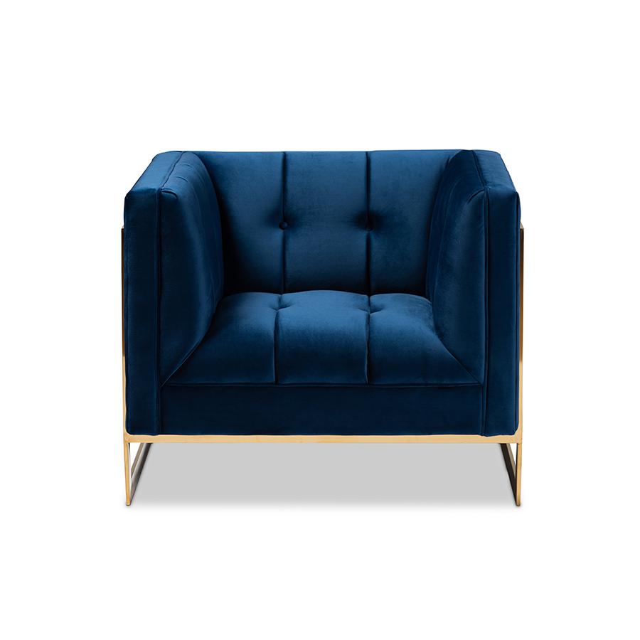 Baxton Studio Ambra Glam and Luxe Royal Blue Velvet Fabric Upholstered and Button Tufted Armchair with Gold-Tone Frame. Picture 2