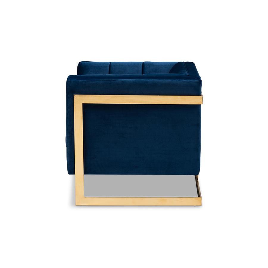 Baxton Studio Ambra Glam and Luxe Royal Blue Velvet Fabric Upholstered and Button Tufted Armchair with Gold-Tone Frame. Picture 3