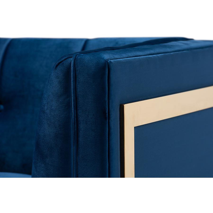 Baxton Studio Ambra Glam and Luxe Royal Blue Velvet Fabric Upholstered and Button Tufted Armchair with Gold-Tone Frame. Picture 6