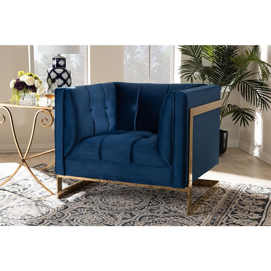 Baxton Studio Ambra Glam and Luxe Royal Blue Velvet Fabric Upholstered and Button Tufted Armchair with Gold-Tone Frame. Picture 8