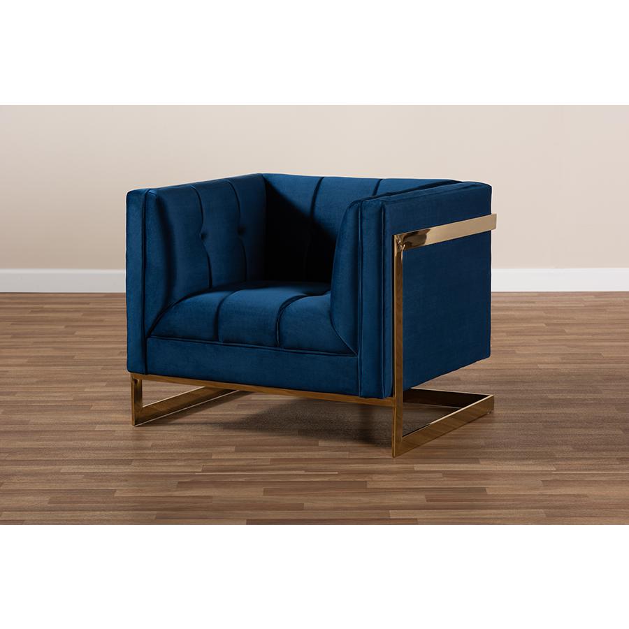 Baxton Studio Ambra Glam and Luxe Royal Blue Velvet Fabric Upholstered and Button Tufted Armchair with Gold-Tone Frame. Picture 9