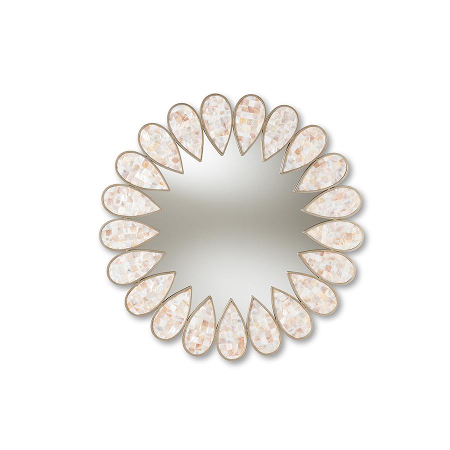 Savita Modern and Contemporary Antique Silver Finished Round Shell Petal Accent Wall Mirror. Picture 4
