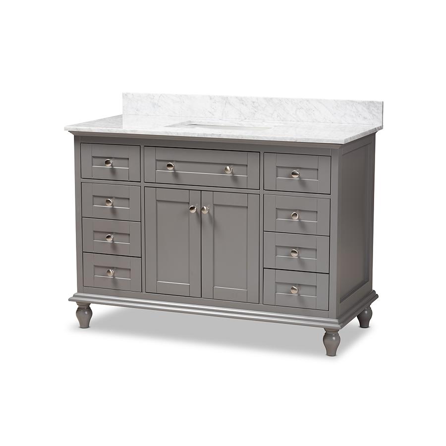 Caroline 48-Inch Transitional Grey Finished Wood and Marble Single Sink Bathroom Vanity. The main picture.