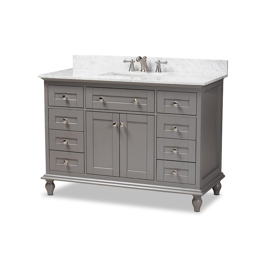 Caroline 48-Inch Transitional Grey Finished Wood and Marble Single Sink Bathroom Vanity. Picture 3