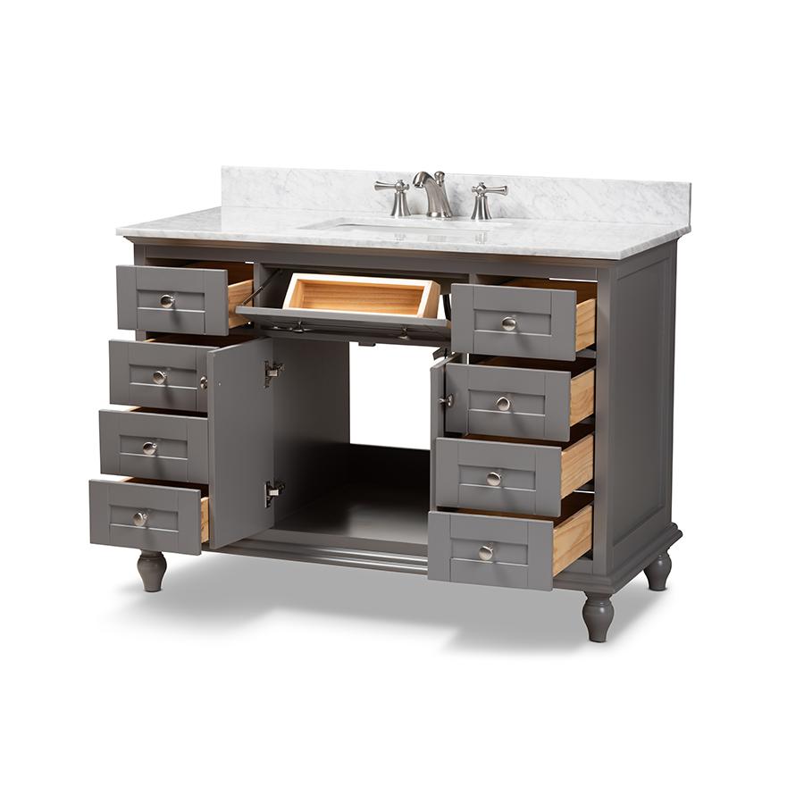 Caroline 48-Inch Transitional Grey Finished Wood and Marble Single Sink Bathroom Vanity. Picture 4