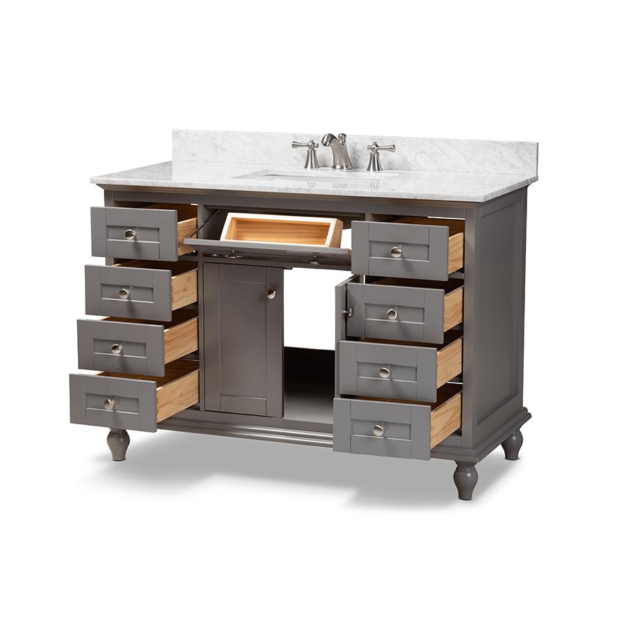 Caroline 48-Inch Transitional Grey Finished Wood and Marble Single Sink Bathroom Vanity. Picture 5