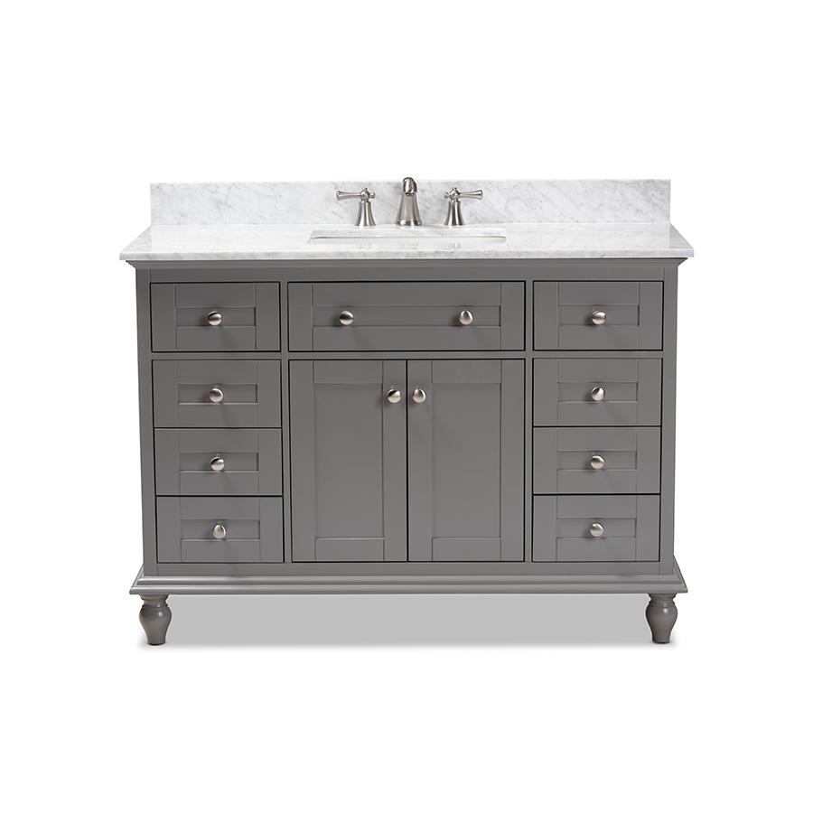 Caroline 48-Inch Transitional Grey Finished Wood and Marble Single Sink Bathroom Vanity. Picture 6