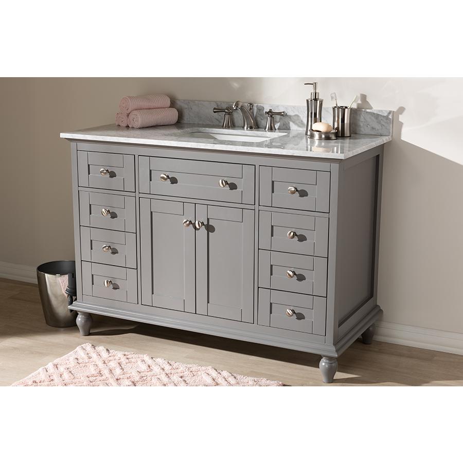 Caroline 48-Inch Transitional Grey Finished Wood and Marble Single Sink Bathroom Vanity. Picture 2